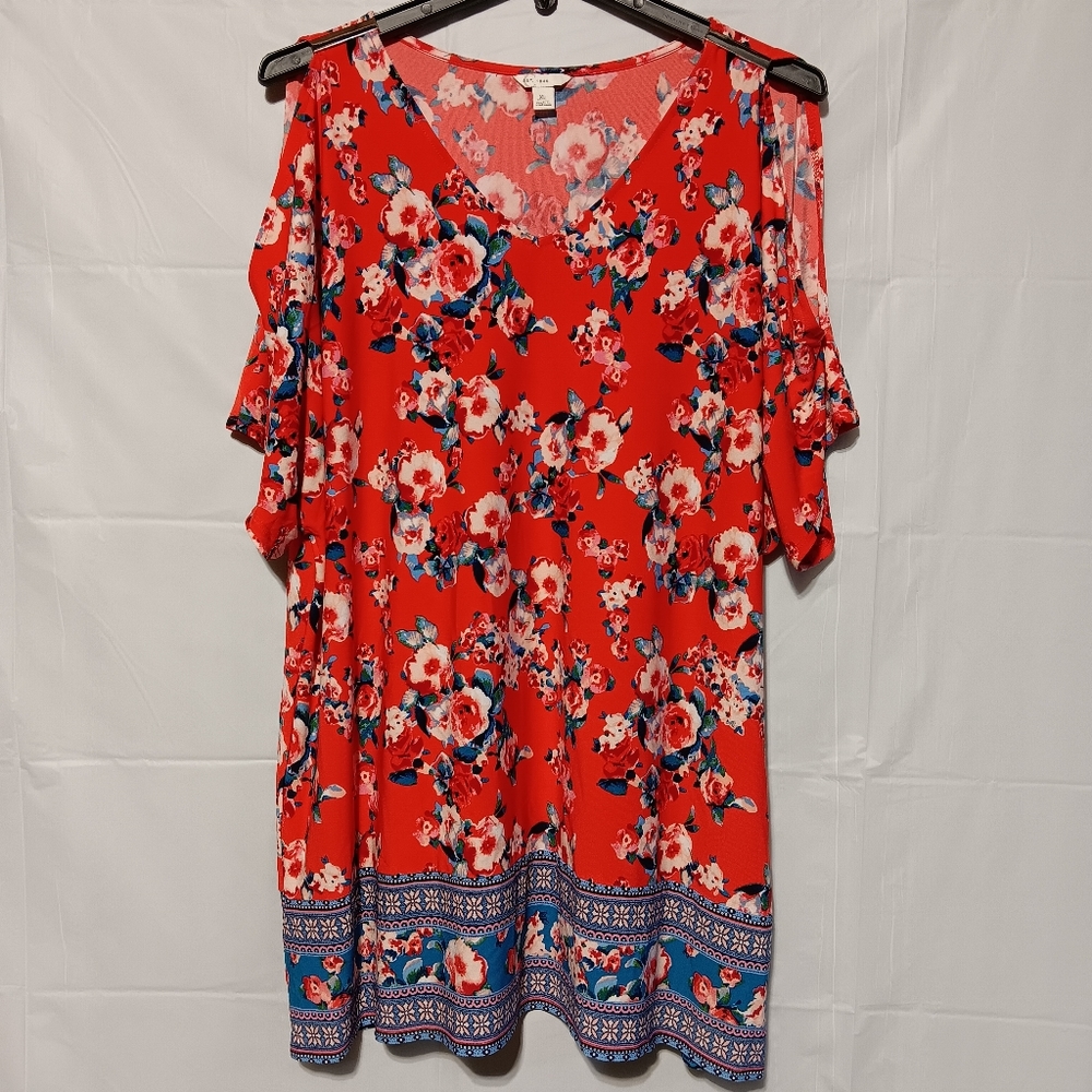 EST 1946 EUC Women's Cold Shoulder Tunic Top, Size XL,  Red Floral V-neck
